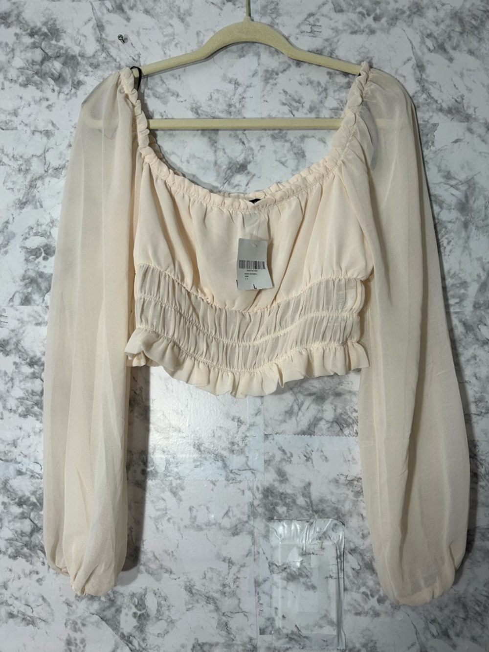Forever 21 Cream Sheer Smocked Crop Top with Balloon Sleeves
